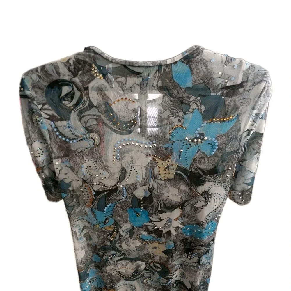 Tory Burch Blue Abstract Floral Print Mesh T-shirt Dress 12 Crystals Art To Wear